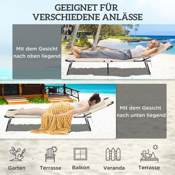 Klappbare Gartenliege in zwei Liegepositionen am Strand, geeignet für Garten, Terrasse, Balkon und Veranda.