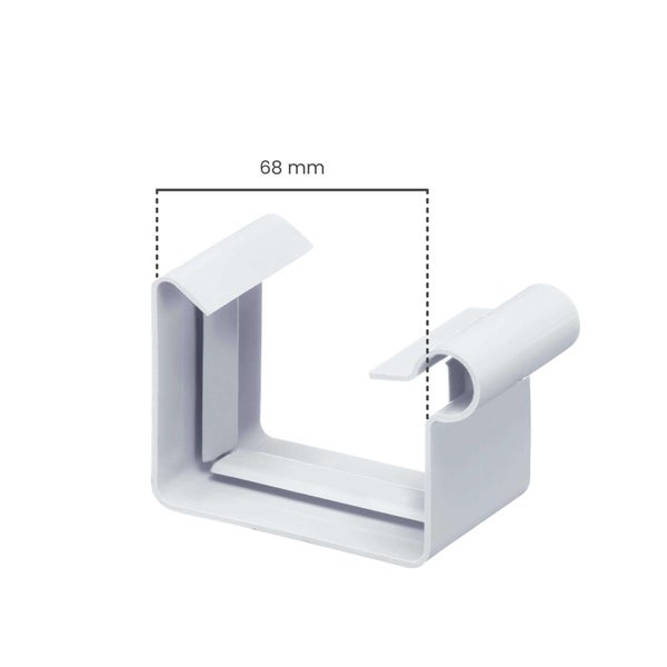 Weißer Rinnenhalter aus Kunststoff, Breite 68 Millimeter.