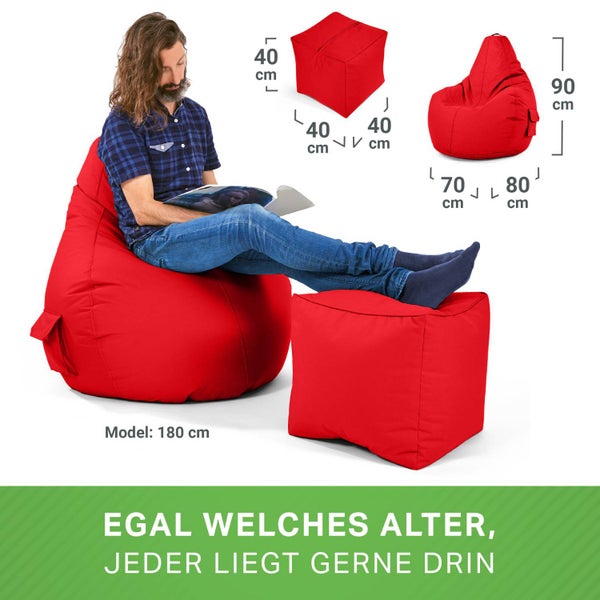 Green Bean 2er Set Sitzsack + Hocker - fertig befüllt - robust waschbar schmutzabweisend - Kinder & Erwachsene Bean Bag Bodenkissen Lounge Sitzhocker Relax-Sessel Gamer Gamingstuhl Pouf - Rot