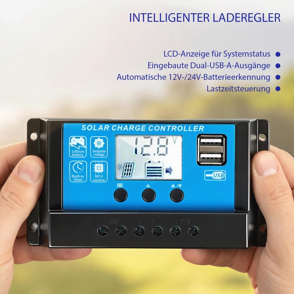 Intelligenter Solar-Laderegler mit LCD-Anzeige für 12 Volt oder 24 Volt, zwei USB-Ausgängen und Lastzeitsteuerung.