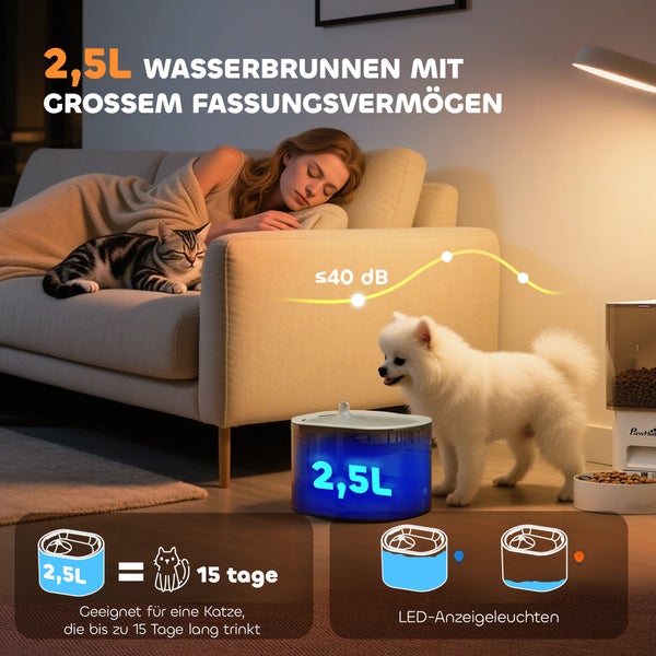 Haustier Wasserbrunnen mit 2,5 Liter Fassungsvermögen, Katze, Hund und schlafende Frau auf Sofa