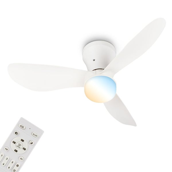 Moderner Deckenventilator mit drei Flügeln, integrierter LED-Leuchte und Fernbedienung.