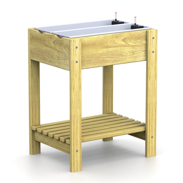 Hochbeet aus Holz mit zwei weißen Pflanzeinsätzen inklusive Wasserstandsanzeige und unterer Ablagefläche aus Holzlatten.