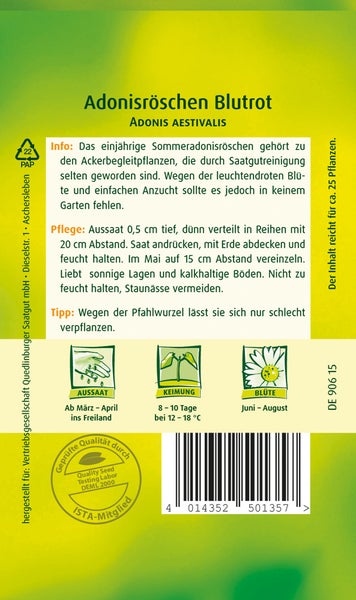 Rückseite der Samentüte Adonisröschen Blutrot mit Infos zu Aussaat im Freiland ab März, Keimung und Blütezeit von Juni bis August.