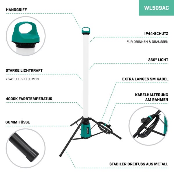 VONROC PRO Arbeitsleuchte 360° - LED - 76W – Flutlicht - mit Stativ – sehr leistungsstark: 11.500 Lumen - Höhe: 151 cm – 5 m Kabel