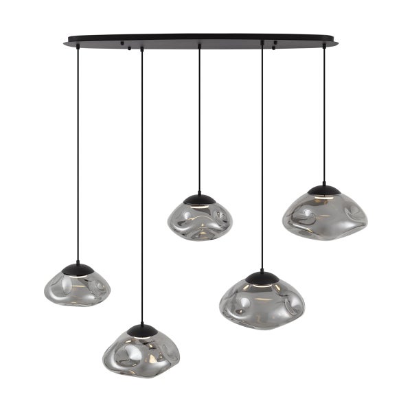 Hängeleuchte mit fünf grauen Glasschirmen an einer schwarzen Deckenhalterung