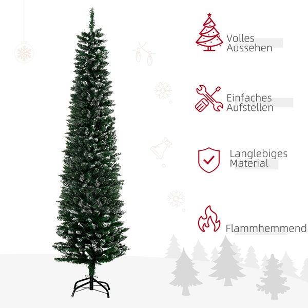 Schlanker künstlicher Weihnachtsbaum mit vollem Aussehen, einfachem Aufbau, langlebigem Material und flammhemmenden Eigenschaften.