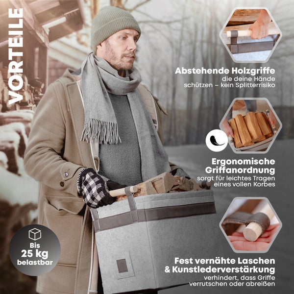 OAKAGE® Classic Hellgrau Holzkorb Filz - Metallrahmen für Zusatzstabilität - 42x32x35cm