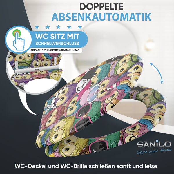 Sanilo Toilettensitz mit Eulen-Motiv, doppelter Absenkautomatik und Schnellverschluss. Sanilo Logo.