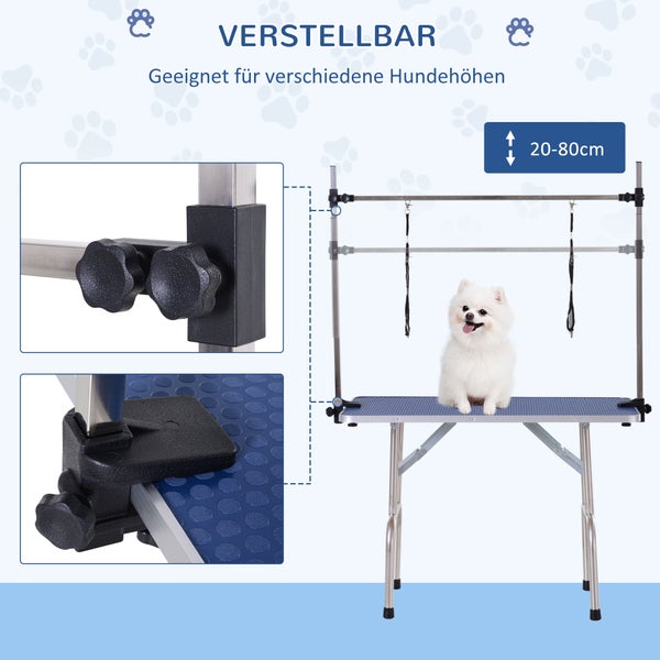 PawHut Trimmtisch Tierpflegetisch Schertisch Pflegetisch mit Unterkorb für Hunde höhenverstellbar klappbar Edelstahl Metall Blau 107 x 60 x 170 cm