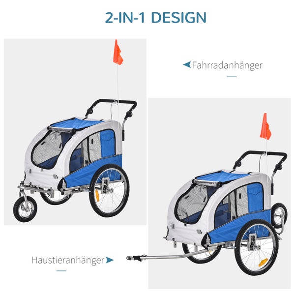 PawHut Fahrradanhänger, 155L x 83B x 108H cm, 600D Oxford, Stahl, Blau+Grau