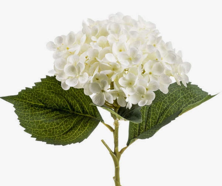 Detailansicht eines künstlichen grünen Blattes mit feinen Adern und weißen Blüten einer Kunstpflanze.