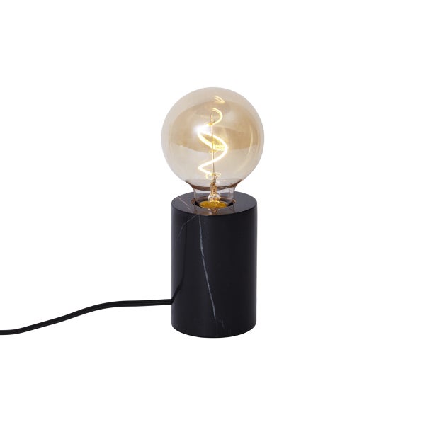 Tischleuchte mit schwarzem Marmorsockel und großer LED-Filamentlampe in Globeform.
