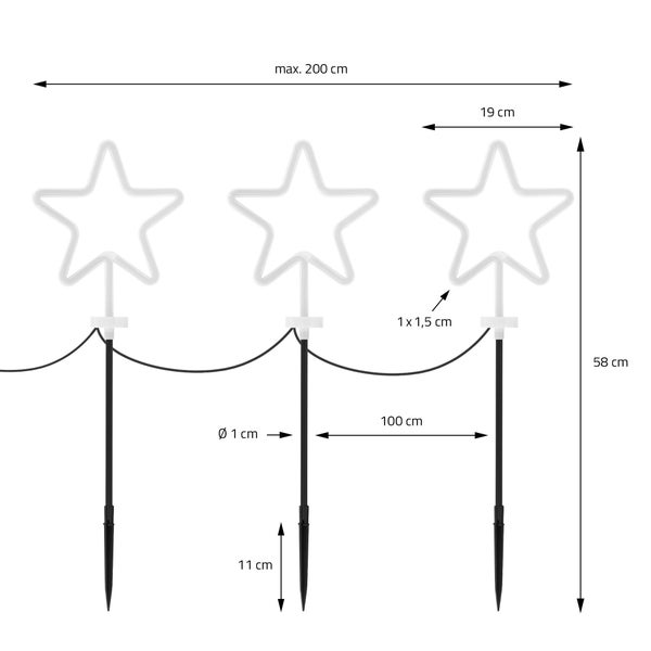 Abbildung einer Stern-Gartenleuchte mit den Maßen maximal 200 cm, 19 cm, 58 cm, 100 cm, 1 cm Durchmesser und 11 cm.