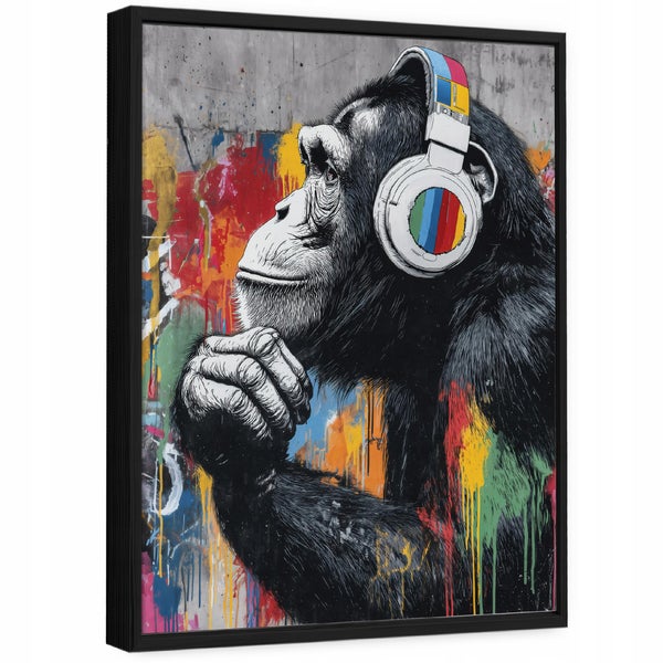 Wandbild mit einem Schimpansen, der Kopfhörer trägt, im Streetart Stil mit Graffiti Elementen in einem schwarzen Rahmen.
