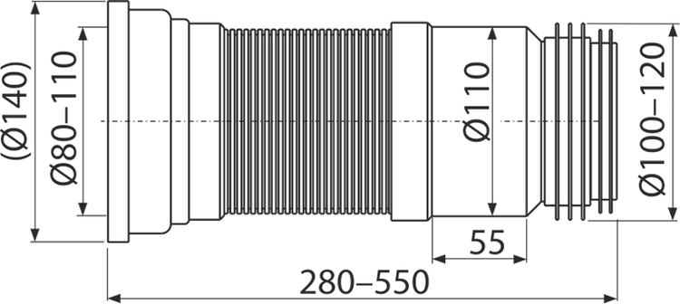 Technische Zeichnung eines flexiblen Ablaufanschlusses mit Abmessungen für die Installation an Sanitäranlagen.