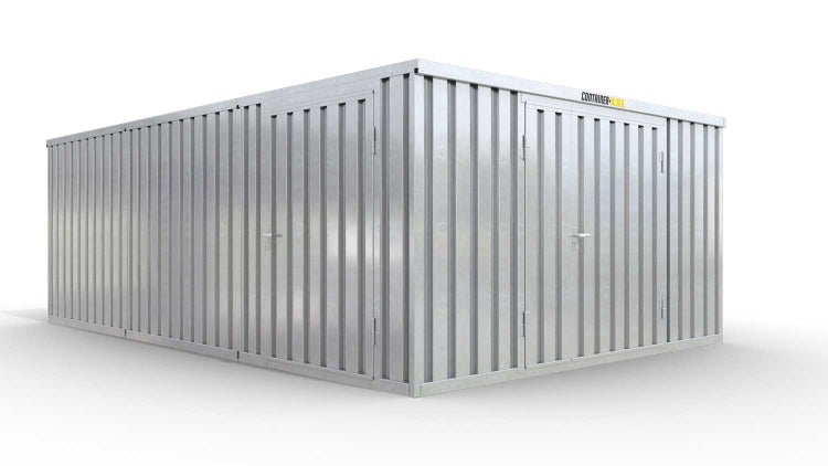 Lagercontainer M3  – 18 qm, H2115 x B3050 x T6520 mm, verzinkt, ohne Fußboden, 1830 mm Doppelflügeltür mittig in Stirnseite und 1270 mm Einflügeltür mittig in Modul C, zerlegt