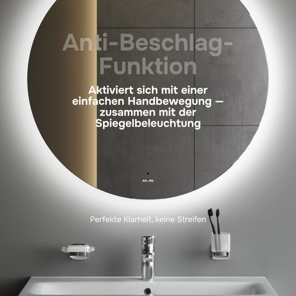 Runder LED-Badspiegel mit Anti-Beschlag-Funktion und Sensorsteuerung, montiert über einem Waschbecken.