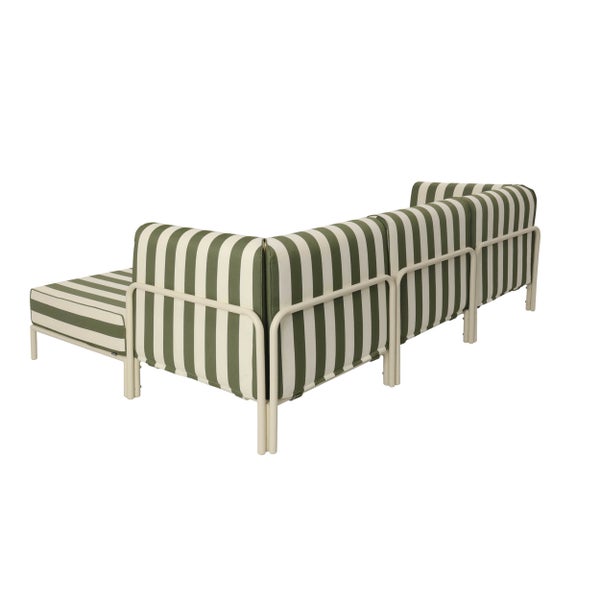 Modulares Garten-Lounge-Sofa mit grün-weiß gestreiften Polstern und weißem Metallrahmen, Rückansicht.