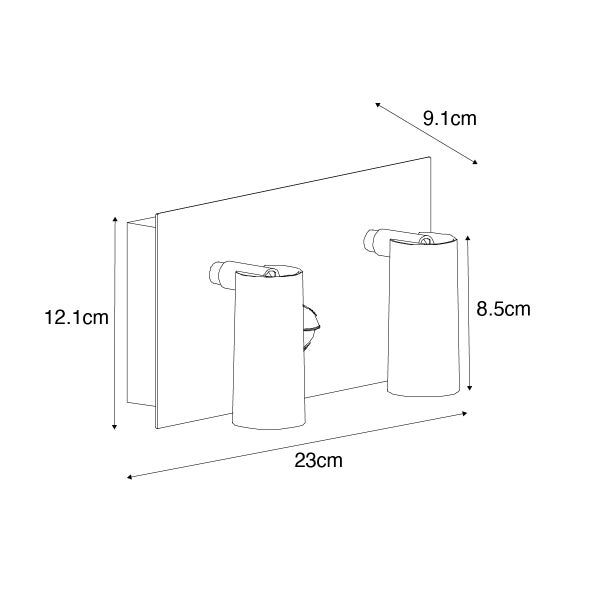 Maßzeichnung einer 2-flammigen Wandleuchte mit Bewegungsmelder. Breite 23, Höhe 12.1, Tiefe 9.1, Strahlerhöhe 8.5 Zentimeter.