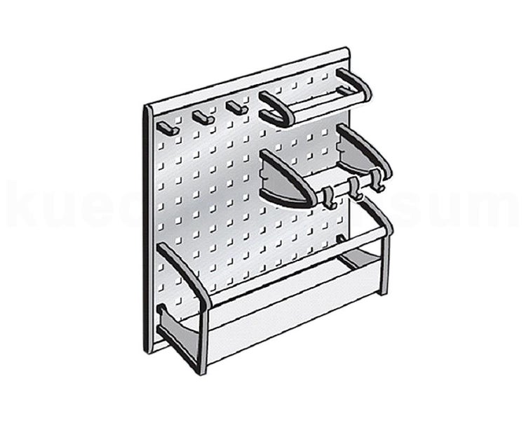 Lochwand mit Werkzeughaltern, Haken und Ablageschale zur Wandmontage in der Werkstatt.