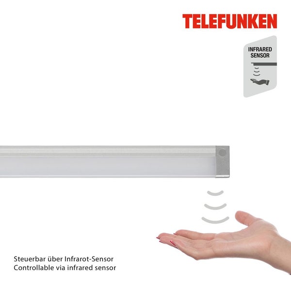 Telefunken Logo, LED Unterbauleuchte steuerbar über integrierten Infrarot-Sensor durch Handbewegung.