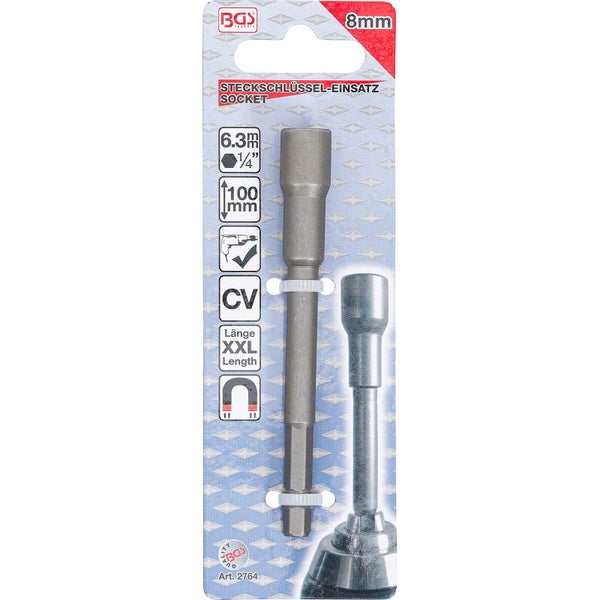 BGS Steckschlüssel-Einsatz Sechskant extra lang für Bohrmaschinen Antrieb Außensechskant 6,3 mm (1/4) SW 8 mm - 2764