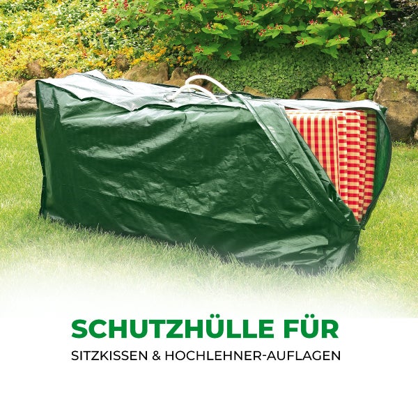 Schutzhülle für Sitzkissen und Hochlehner-Auflagen aus grünem Material auf einer Rasenfläche mit sichtbarem Reißverschluss.