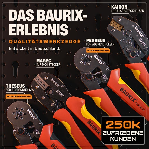 BAURIX® MC4 Crimpzange [2,5-6mm²] I Solar Crimpzange für MC4 PV Kabel, Solarstecker MC4 Verbinder, Solar Kabel, PV Solar Stecker, Y Stecker I MC4 Werkzeug, Crimpzangen, MC4 Zange