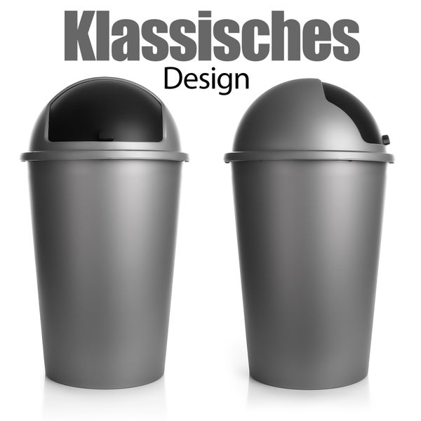 BigDean Abfalleimer grau 50 L mit schwarzem Schiebedeckel Ø 25cm x H 68cm – Mülleimer groß aus Kunststoff für die Küche oder das Büro – Müllbehälter geruchsdicht mit rundem Deckel – Made in Europe