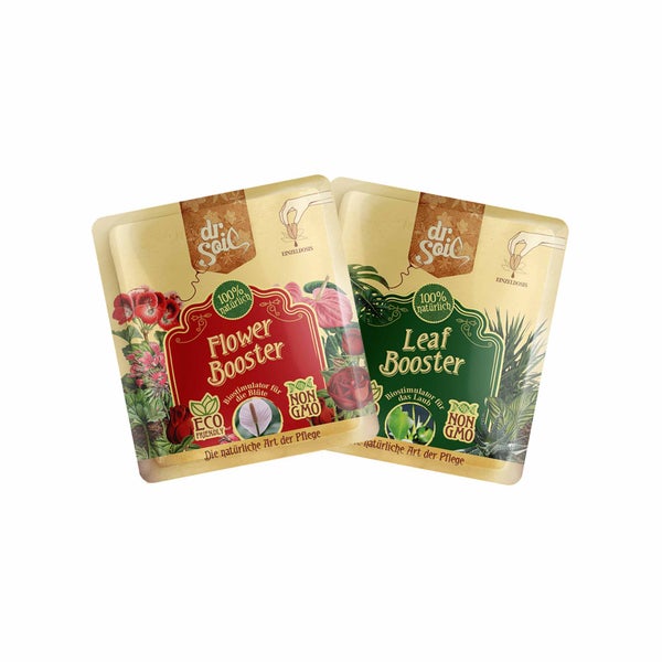 Dr.Soil Pflanzenpflegepaket für die Gesundheit von blühenden Pflanzen mit konzentrierten Monodosen von Leaf Booster 10ml (Biostimulator für die Blattregeneration) und Flower Booster 10ml (Biostimulator für die Blüte)