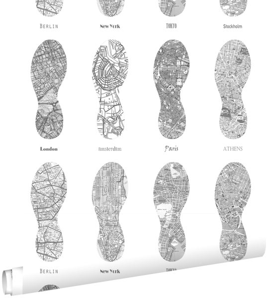 ESTAhome Tapete Stadtplan in Form von Laufschuhabdrücken Schwarz - 53 cm x 10,05 m - 128818