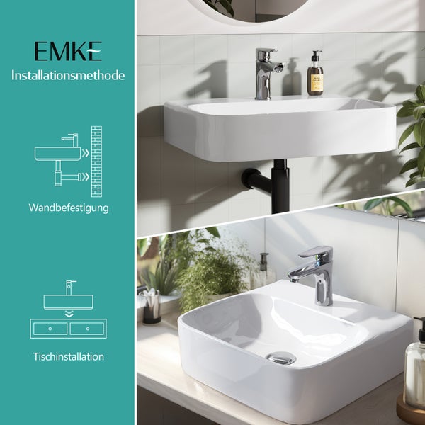EMKE Aufsatzwaschbecken Kleines Waschbecken Handwaschbecken für Badezimmer, Rechteckig Waschplatz Aufsatzbecken Waschschüssel Weiß 610 x 475 x 140 mm