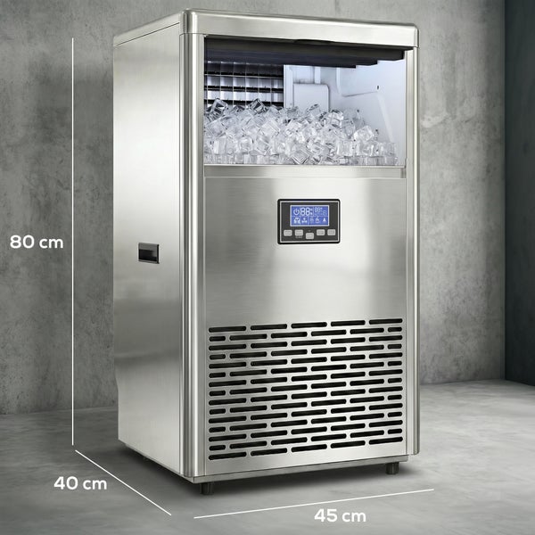 Edelstahl-Eiswürfelmaschine mit Digitalanzeige. Maße 80 Zentimeter hoch, 45 Zentimeter breit und 40 Zentimeter tief.