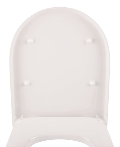 Weißer Toilettensitz mit offenem Deckel, Kunststoff, universelle Form mit Puffern an der Unterseite.