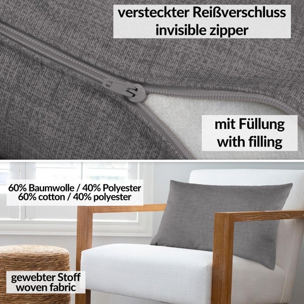 Kissenhülle Grau  30x50cm mit Füllung Leinenoptik