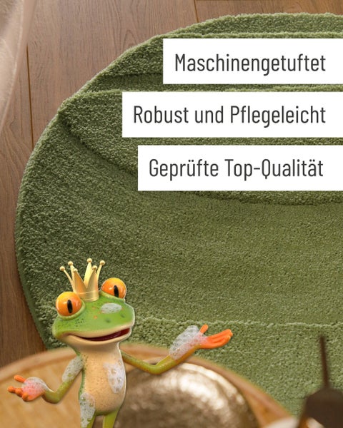 Maschinell getufteter, robuster und pflegeleichter Teppich in Blattform mit Froschfigur.