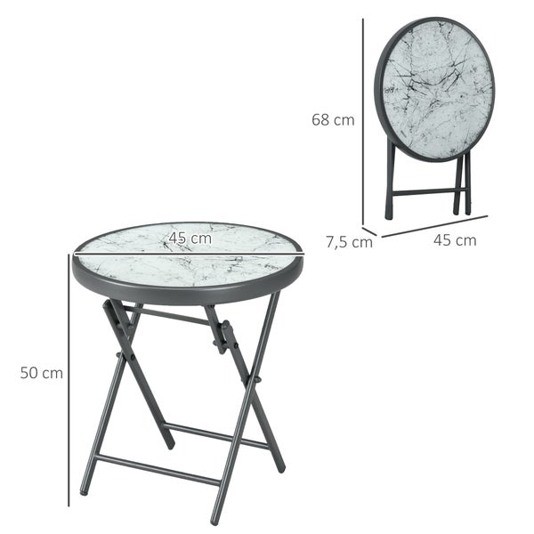 Outsunny Beistelltisch klappbar, Klapptisch aus Glas mit Marmoroptik, kleiner Campingtisch, runder Sofatisch Balkontisch für Balkon Terrasse Wohnzimmer Büro, 45 x 45 x 50 cm, Weiß