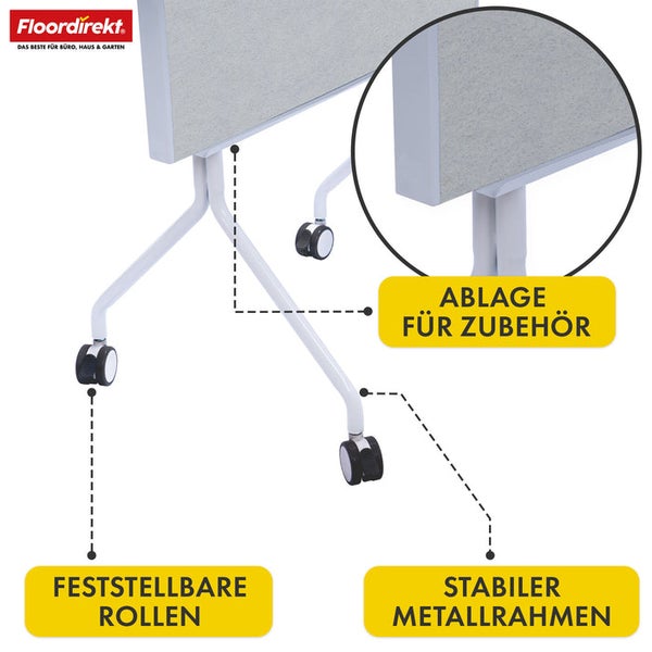 Detailansicht eines Bürotisches mit Rollen, Ablage und stabilem Metallrahmen