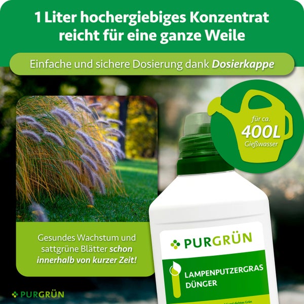 Purgrün Lampenputzergras Dünger Konzentrat in einer Kunststoffflasche mit Dosierkappe für vierhundert Liter Gießwasser für gesundes Pflanzenwachstum.