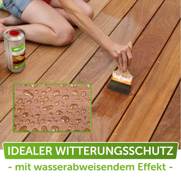 Nordicare Holzöl Außenbereich [500ml] für Lärche, Eiche, Teak oder Akazienholz I Holz Öl Außen zum Holzschutz I Holzschutzöl Außen, Teaköl für Gartenmöbel, Holzpflegeöl, Lärchenöl