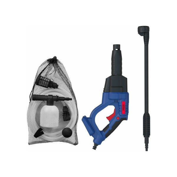 Güde Akku-Druckreiniger Set mit Sprühlanze, Ansaugschlauch und Zubehörtasche.