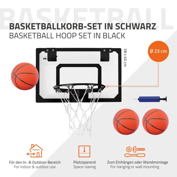 Hauki Mini Basketballkorb fürs Zimmer im Set 3 Bälle Ø16cm, Netz, Pumpe, 58x40 cm, Schwarz, tragbar, Backboard Tür/Wandmontage, ohne Bohren, Indoor Basketball Hoop hängend, Hängebrett Basketballbrett