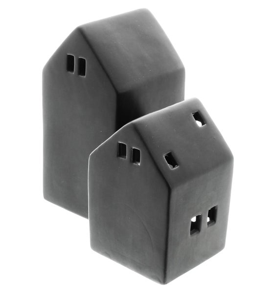 FRANK FLECHTWAREN | LED-Haus Black, 2er Set, PORZELLAN, KUNSTSTOFF, 7,5 x 7 x 11 cm, 8 x 8 x 15 cm,