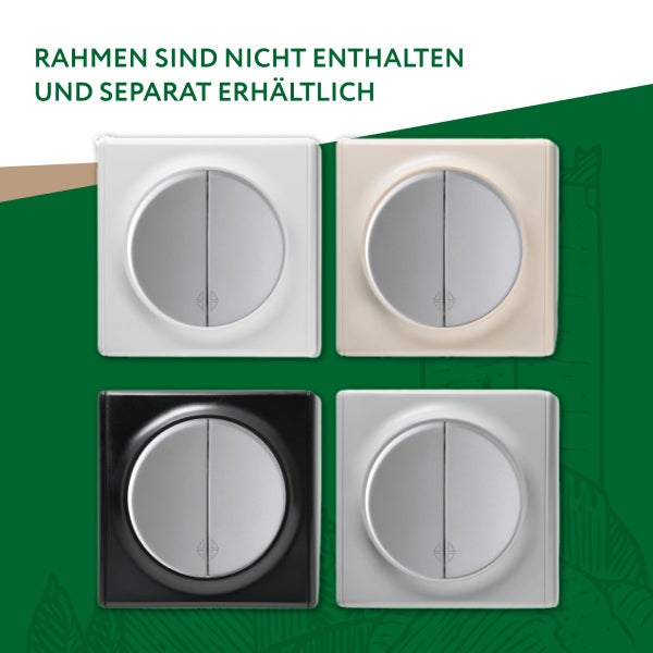 Vier quadratische Jalousieschalter-Einsätze mit runder Wippe in verschiedenen Ausführungen ohne Rahmen.