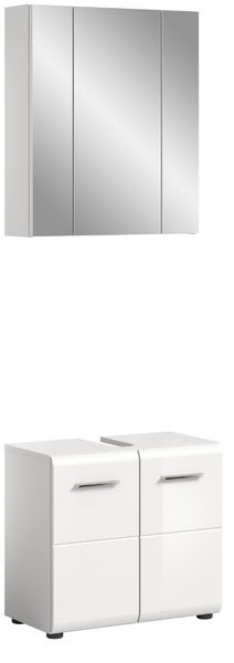 Badezimmer-Set bestehend aus einem weißen Waschbeckenunterschrank mit zwei Türen und einem dreitürigen Spiegelschrank.