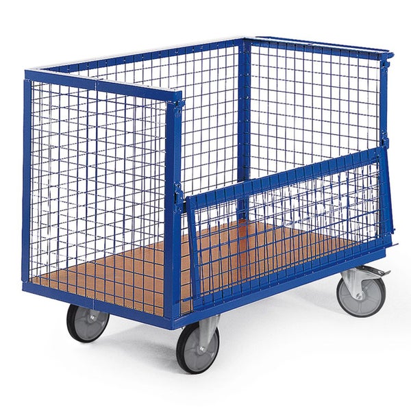 Blauer Gitterwagen mit Holzboden und Rollen