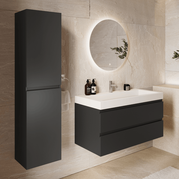 Moderner Badezimmer-Waschtisch mit breitem weißem Waschbecken, verchromter Armatur und dunkelgrauem Hängeschrank mit zwei offenen Schubladen.