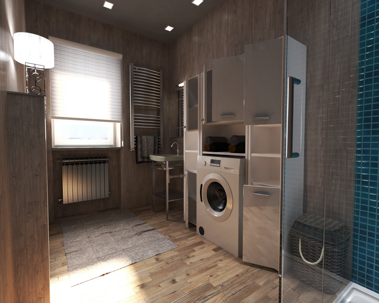 Modernes Badezimmer mit Waschmaschine, Waschbecken und Heizkörper