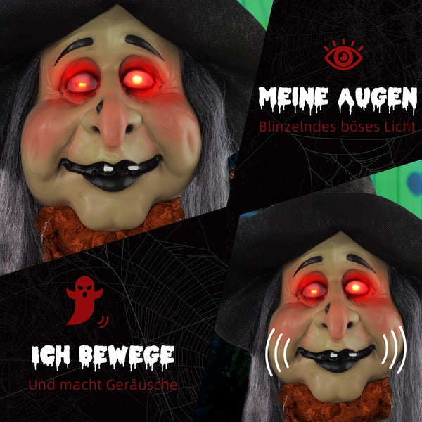 HOMCOM 183cm Halloween Dekoration Halloween-Hexe mit LED-Lichter, Soundfunktion, Haustür Deko mit verstellbare Arme, Garten Dekofigur in Lebensgröße für Party